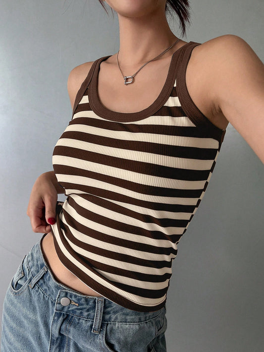 DAZY Scoop Neck Striped Print Casual Knit Tank Top For Summer
