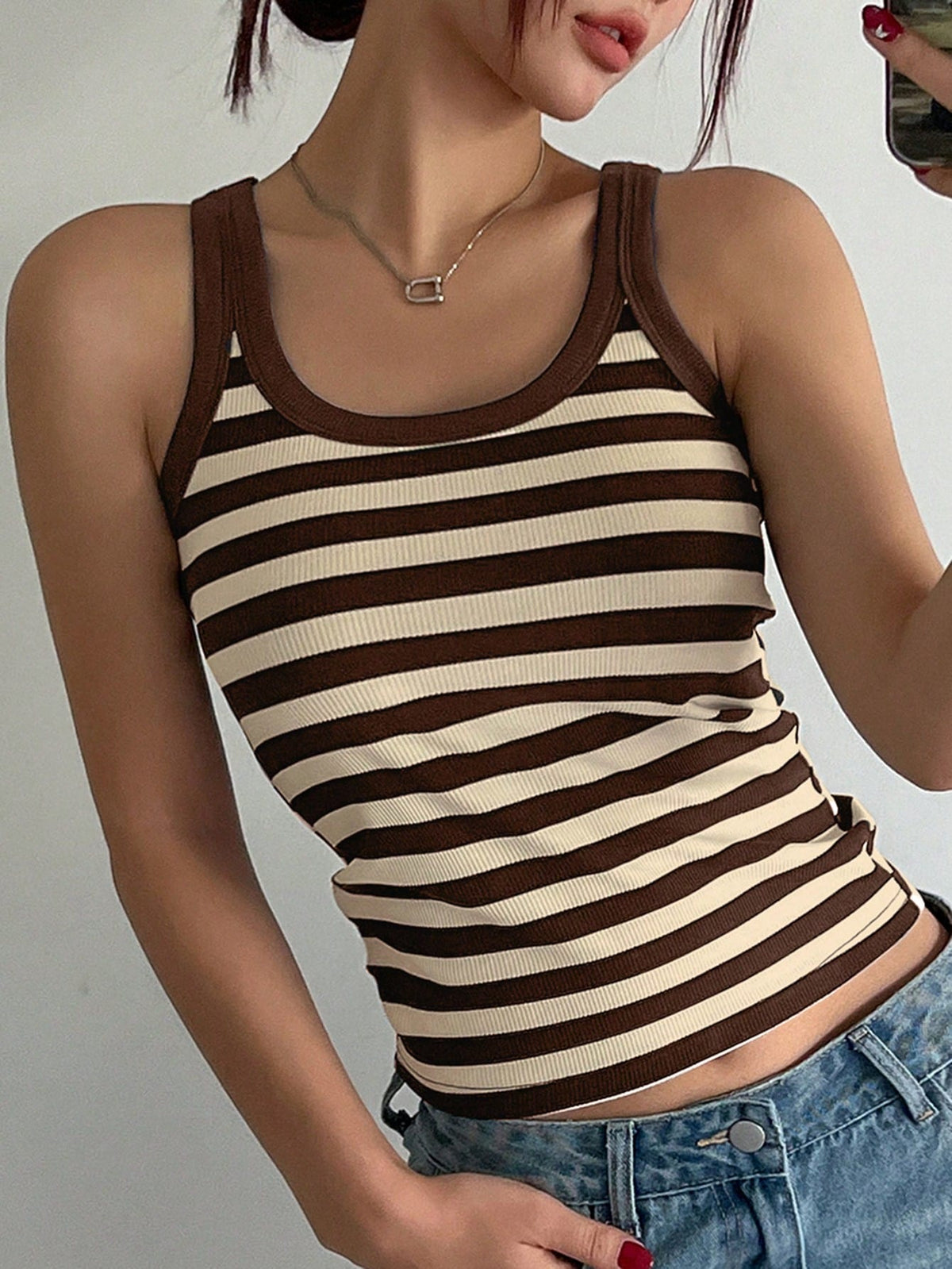 DAZY Scoop Neck Striped Print Casual Knit Tank Top For Summer