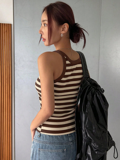 DAZY Scoop Neck Striped Print Casual Knit Tank Top For Summer