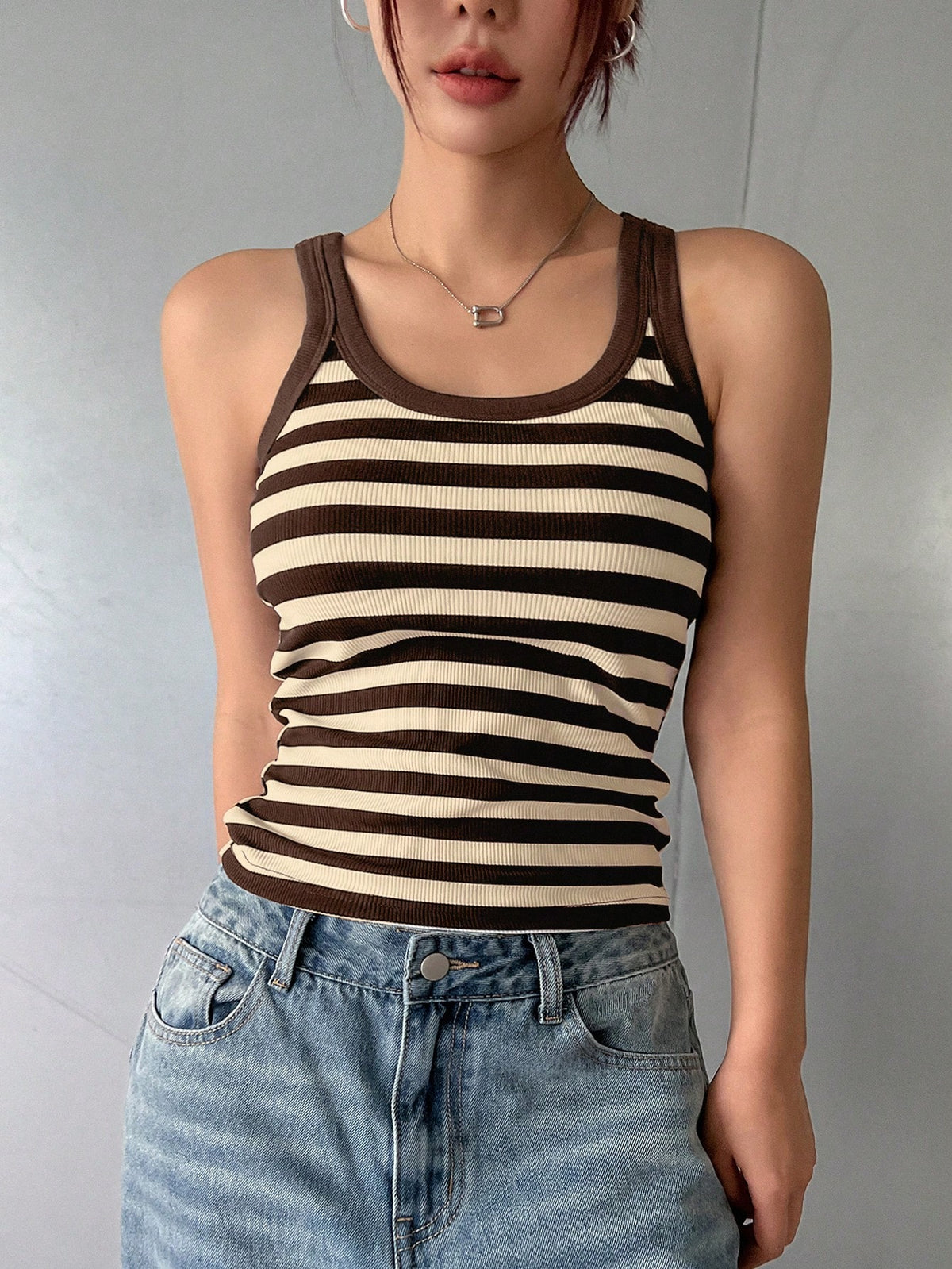 DAZY Scoop Neck Striped Print Casual Knit Tank Top For Summer