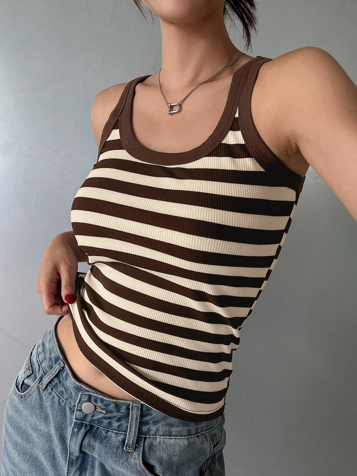 DAZY Scoop Neck Striped Print Casual Knit Tank Top For Summer