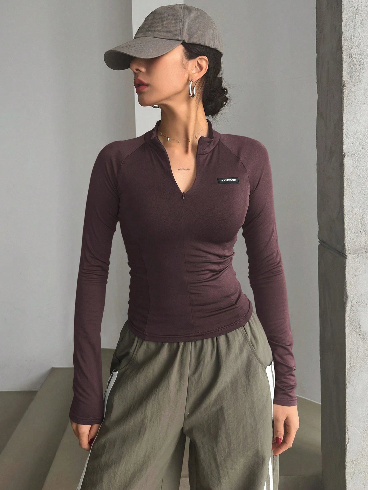 DAZY Semi-High Collar Semi-Letter Pattern Silicone Adhesive Skinny Long Sleeve Women T-Shirt,Fall Women Clothes