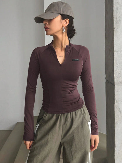 DAZY Semi-High Collar Semi-Letter Pattern Silicone Adhesive Skinny Long Sleeve Women T-Shirt,Fall Women Clothes