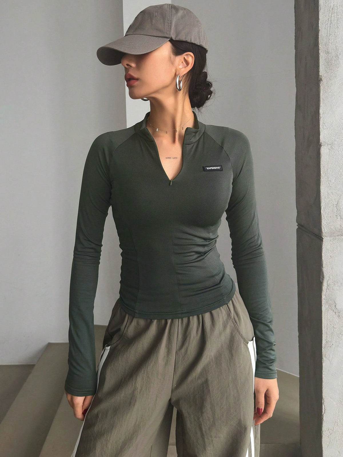 DAZY Semi-High Collar Semi-Letter Pattern Silicone Adhesive Skinny Long Sleeve Women T-Shirt,Fall Women Clothes