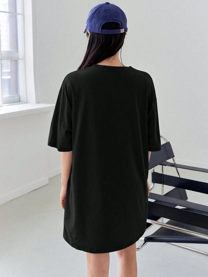 DAZY Slogan Graphic Drop Shoulder Tee Dress Petite Dress Sundress,Casual Women Dresses