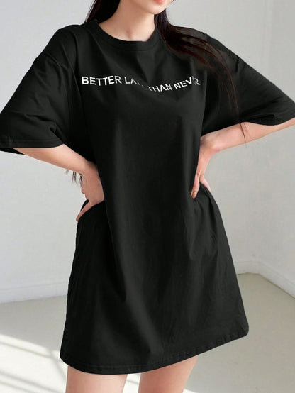 DAZY Slogan Graphic Drop Shoulder Tee Dress Petite Dress Sundress,Casual Women Dresses