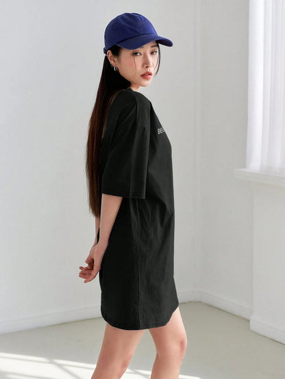 DAZY Slogan Graphic Drop Shoulder Tee Dress Petite Dress Sundress,Casual Women Dresses