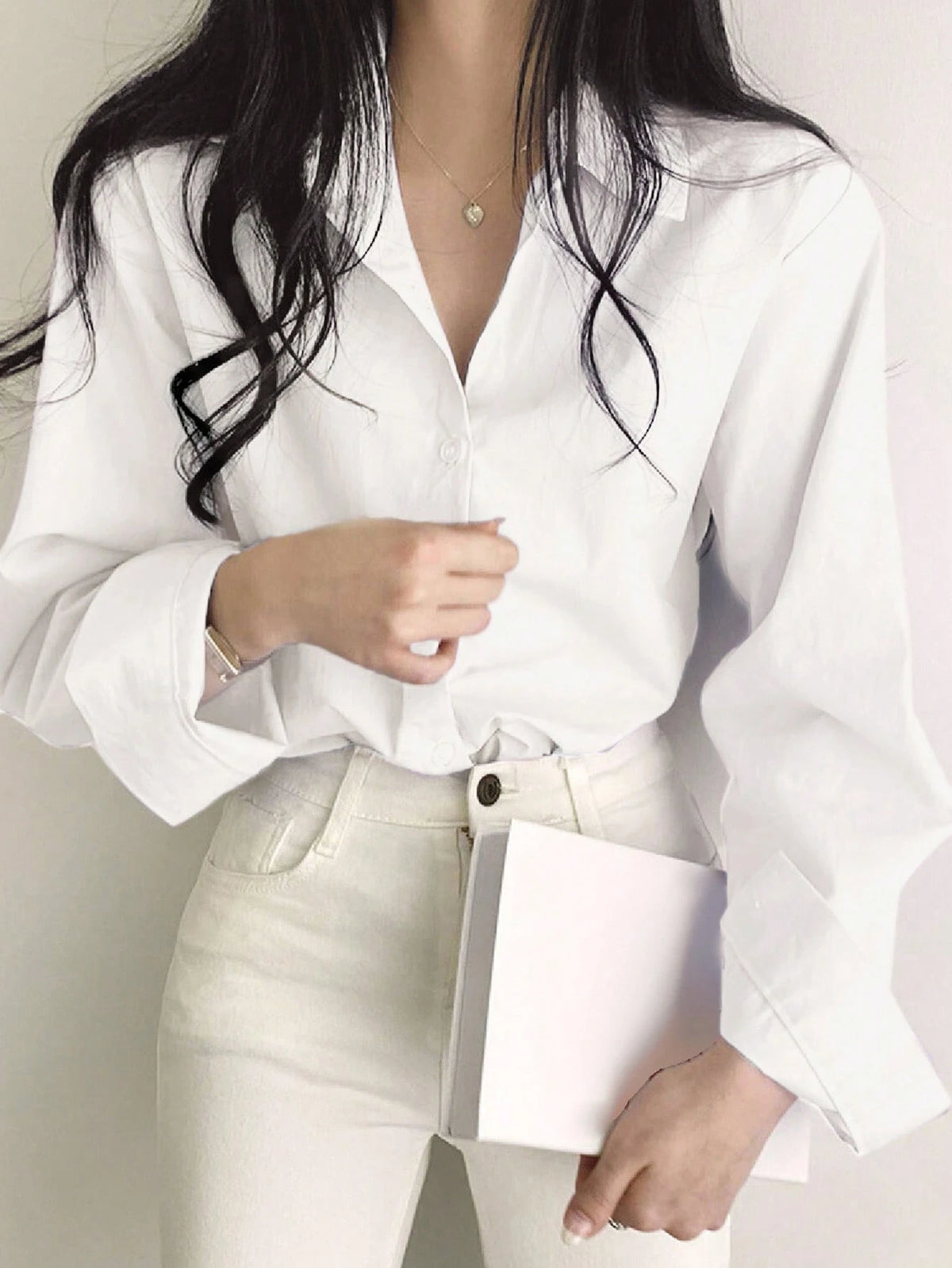 DAZY Solid Button Front Drop Shoulder Shirt,Long Sleeve Tops