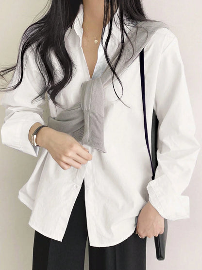 DAZY Solid Button Front Drop Shoulder Shirt,Long Sleeve Tops