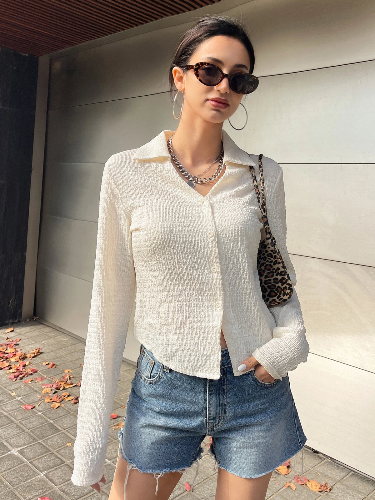 DAZY Solid Button Front Shirt,Long Sleeve Tops,Fall Clothes Preppy Tops