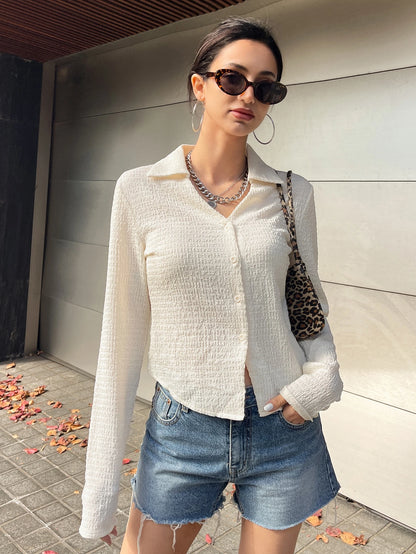 DAZY Solid Button Front Shirt,Long Sleeve Tops,Fall Clothes Preppy Tops