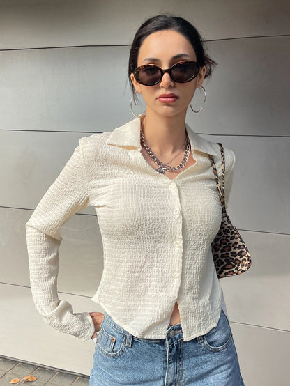 DAZY Solid Button Front Shirt,Long Sleeve Tops,Fall Clothes Preppy Tops