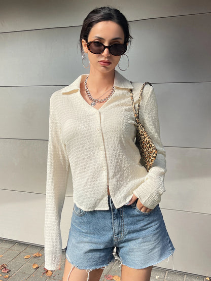 DAZY Solid Button Front Shirt,Long Sleeve Tops,Fall Clothes Preppy Tops