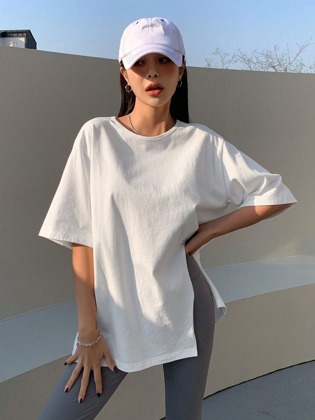 DAZY Solid Split Hem Patched Drop Shoulder Tee