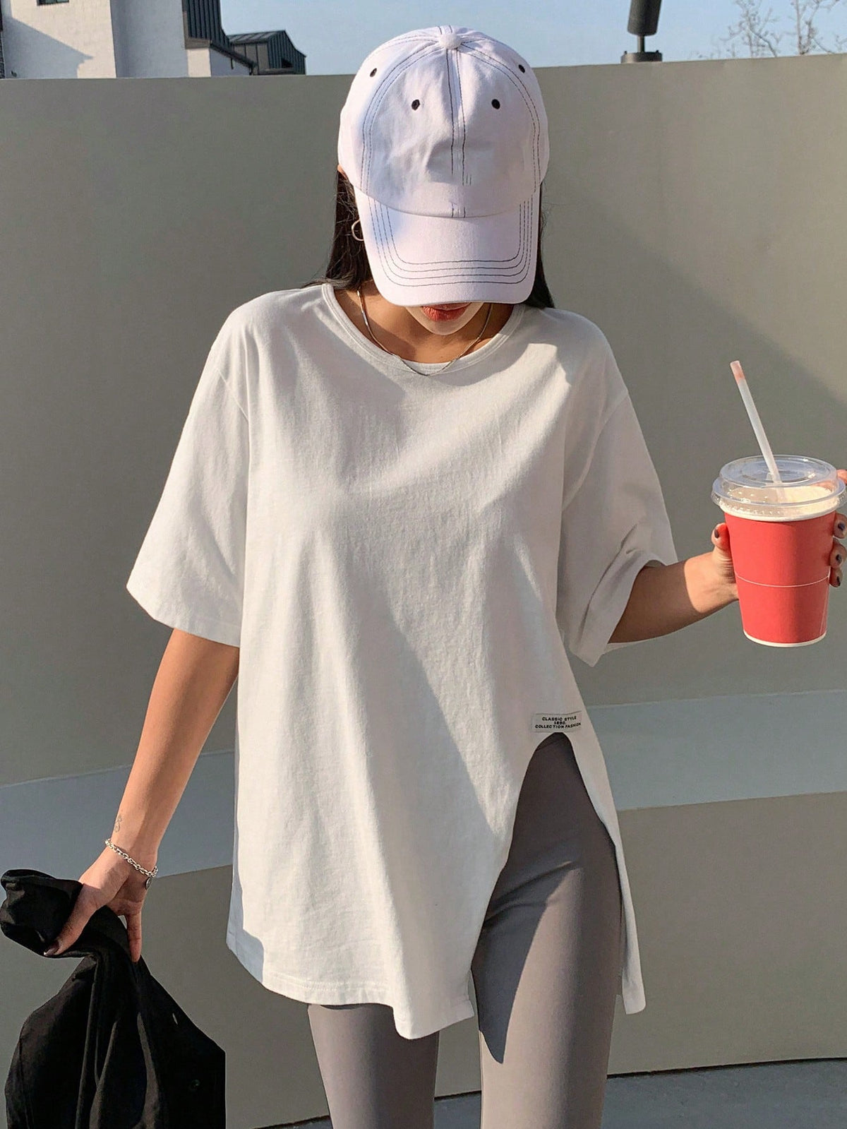 DAZY Solid Split Hem Patched Drop Shoulder Tee