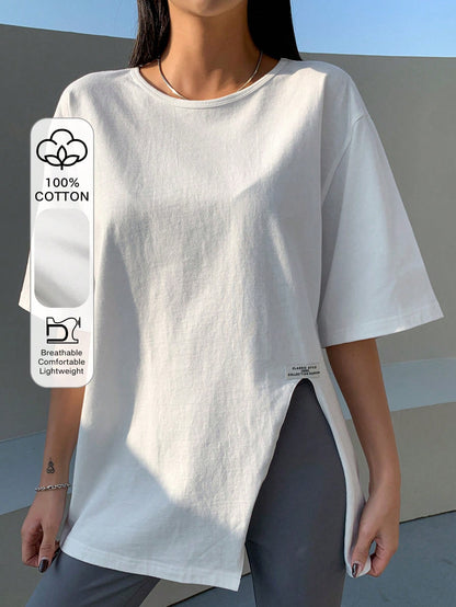 DAZY Solid Split Hem Patched Drop Shoulder Tee