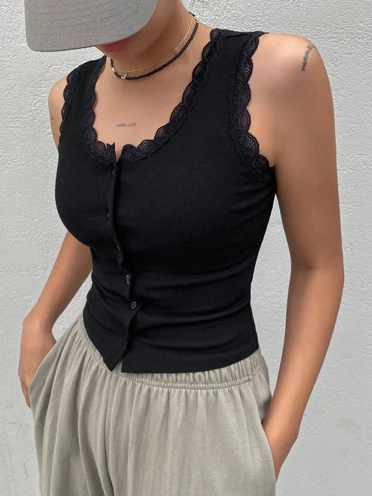 Dazy Star Lace Trim Button Front Tank Top Going Out Tops