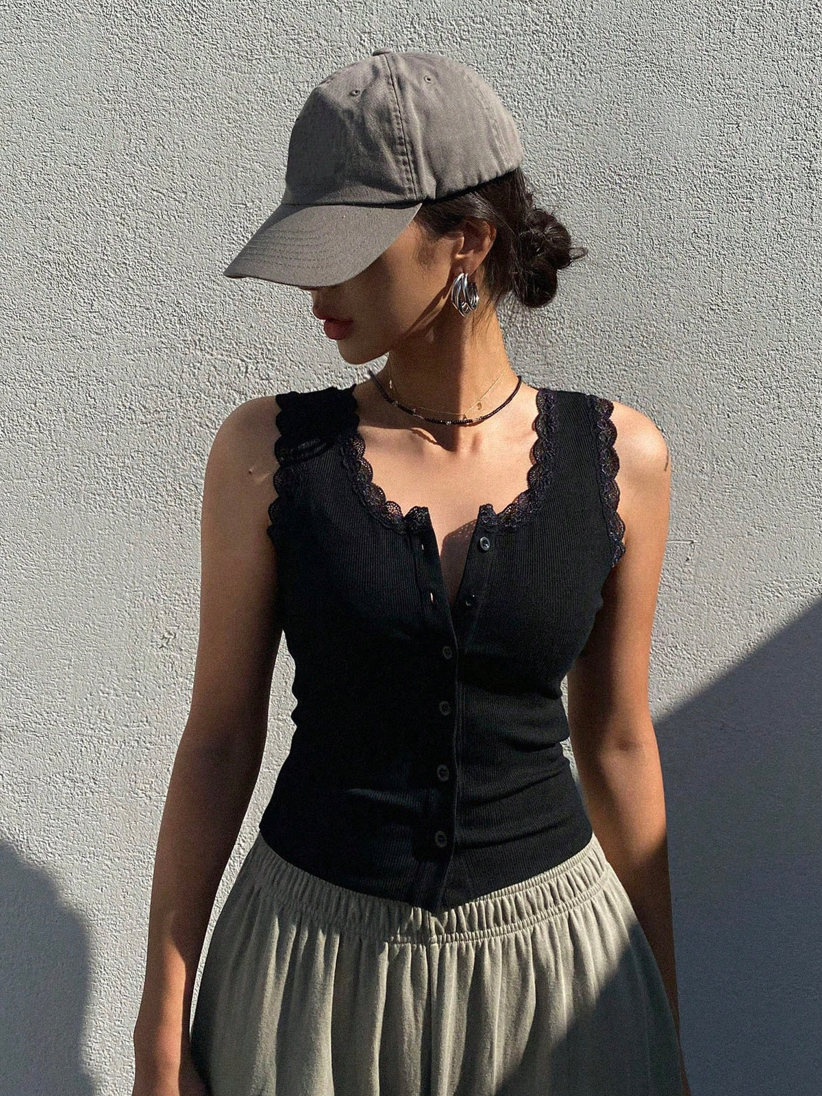 Dazy Star Lace Trim Button Front Tank Top Going Out Tops