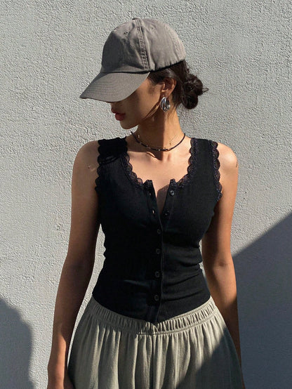 Dazy Star Lace Trim Button Front Tank Top Going Out Tops