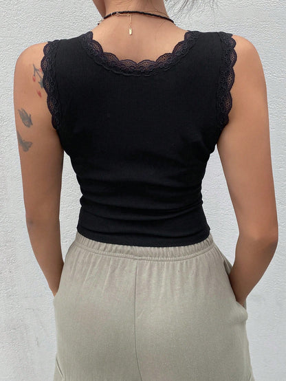 Dazy Star Lace Trim Button Front Tank Top Going Out Tops