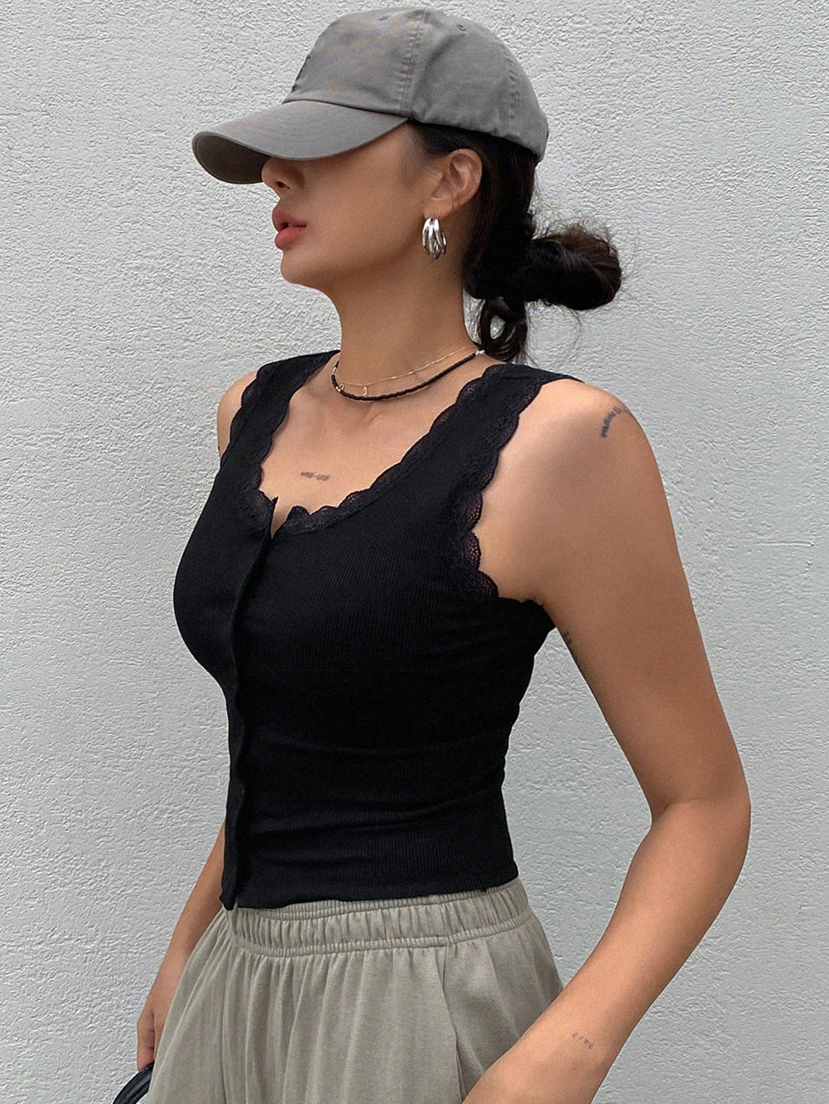 Dazy Star Lace Trim Button Front Tank Top Going Out Tops
