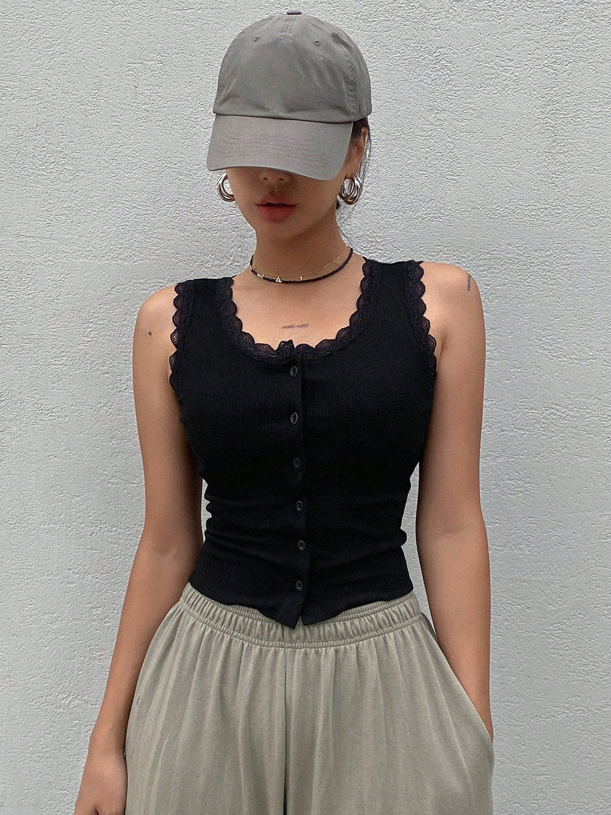 Dazy Star Lace Trim Button Front Tank Top Going Out Tops