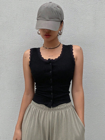 Dazy Star Lace Trim Button Front Tank Top Going Out Tops