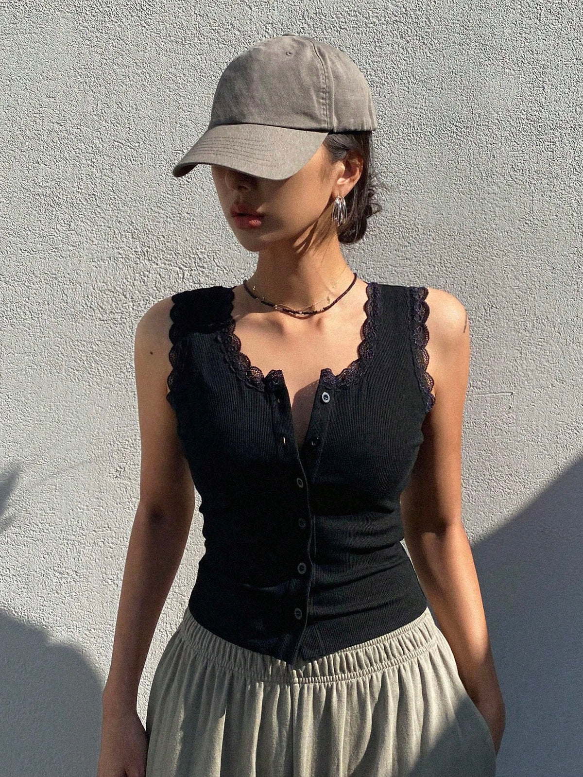 Dazy Star Lace Trim Button Front Tank Top Going Out Tops