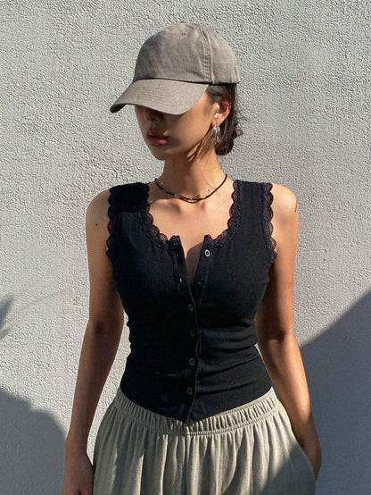 Dazy Star Lace Trim Button Front Tank Top Going Out Tops