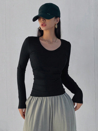 Dazy Star Women's Round Neck Ribbed T-Shirt,Fall Clothes Long Sleeve Women Tops