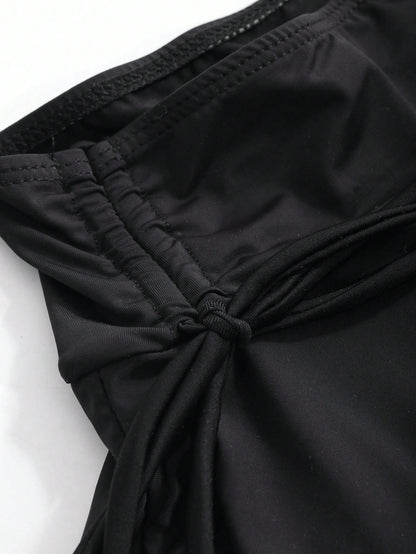 DAZY Women's Black Pleated Drawstring Skirted Bikini Bottoms, Summer Beach Swimwear, Slimming