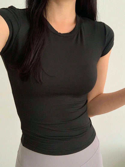 DAZY Women's Casual Basic Round Neck Sports & Yoga Tee Shirt, Black, For Summer