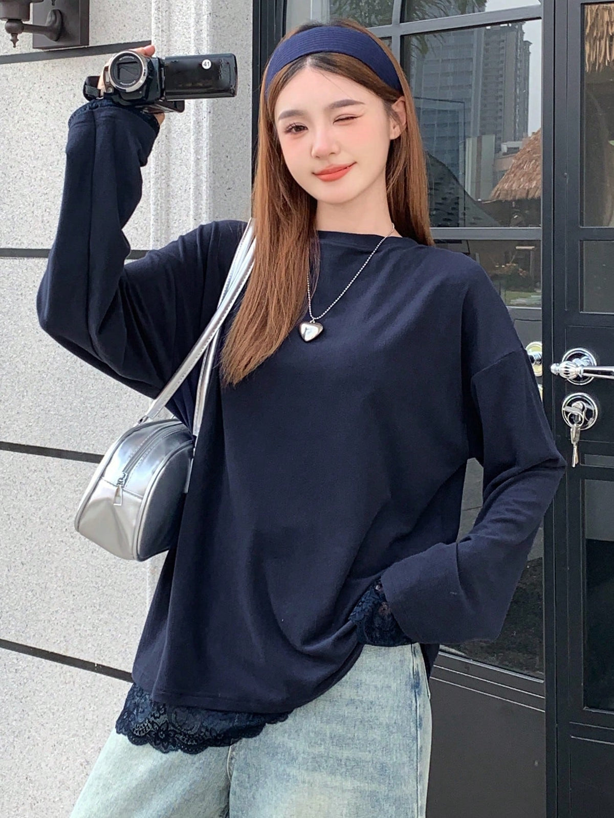 DAZY Women's Casual Loose Lace Patchwork Drop Shoulder Round Neck Long Sleeve T-Shirt,Fall Clothes