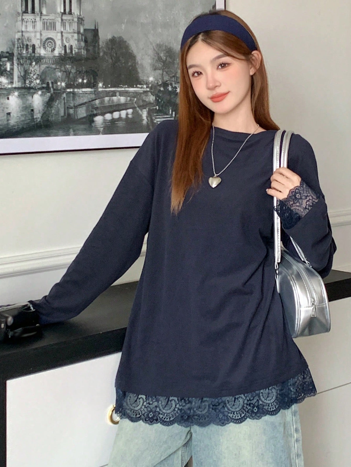 DAZY Women's Casual Loose Lace Patchwork Drop Shoulder Round Neck Long Sleeve T-Shirt,Fall Clothes