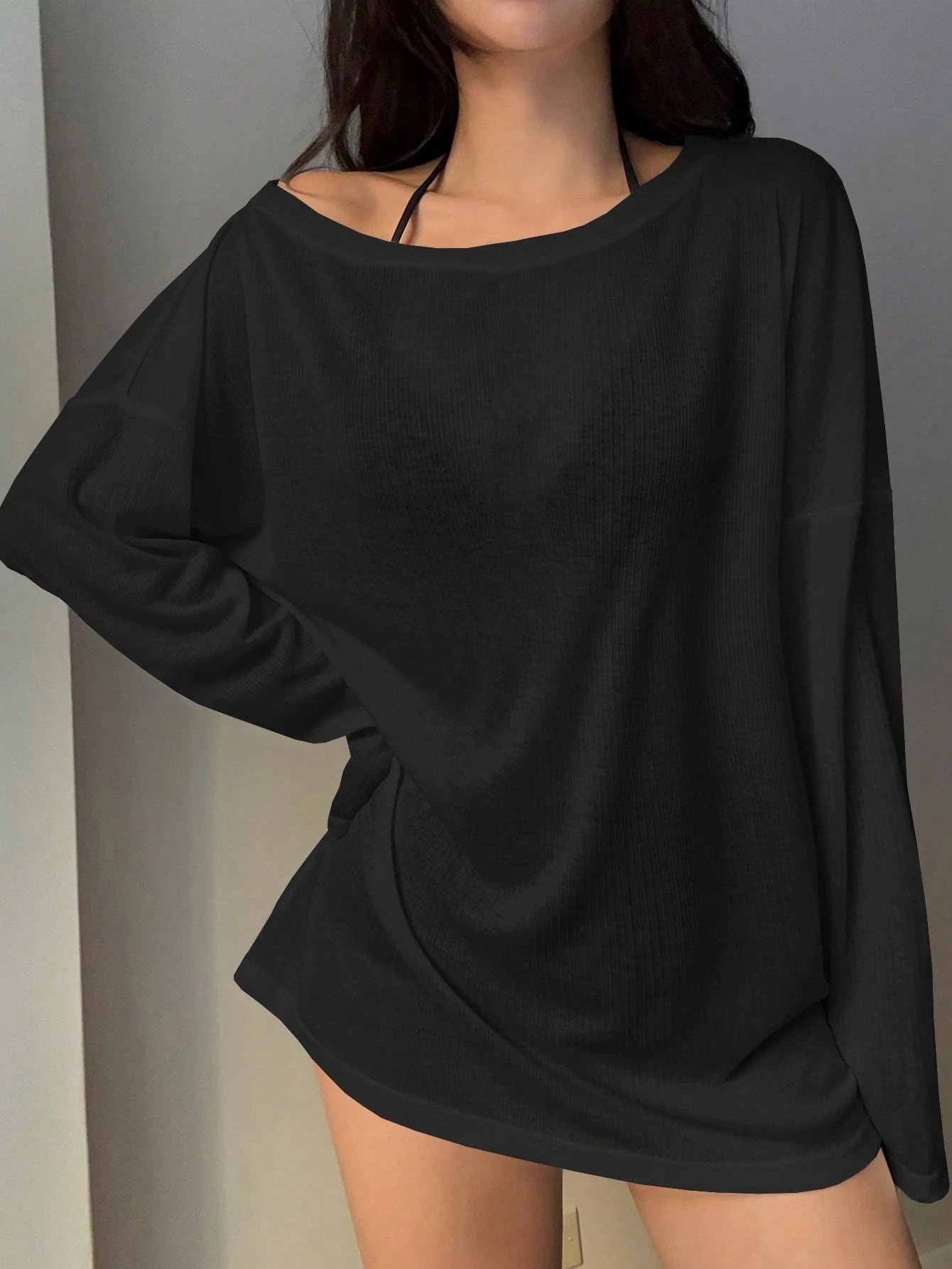 DAZY Women's Casual Loose Solid Color Asymmetrical Shoulder Pullover Top Vacation Beach