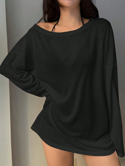 DAZY Women's Casual Loose Solid Color Asymmetrical Shoulder Pullover Top Vacation Beach