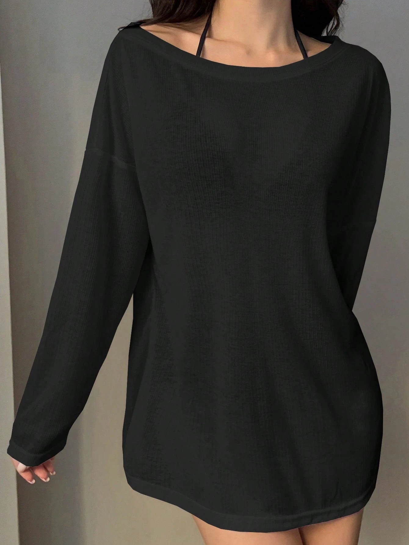 DAZY Women's Casual Loose Solid Color Asymmetrical Shoulder Pullover Top Vacation Beach