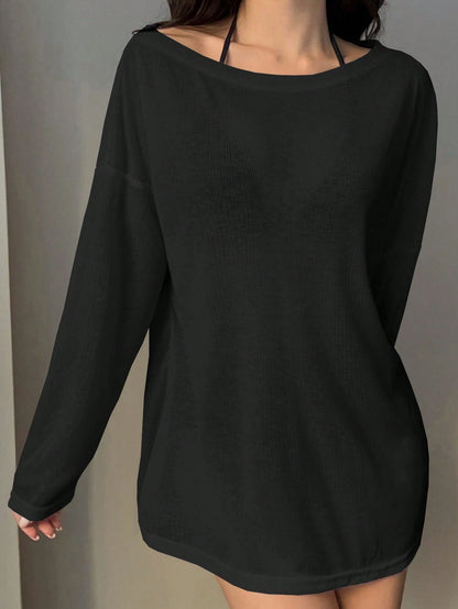 DAZY Women's Casual Loose Solid Color Asymmetrical Shoulder Pullover Top Vacation Beach