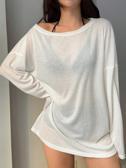 DAZY Women's Casual Loose Solid Color Asymmetrical Shoulder Pullover Top Vacation Beach