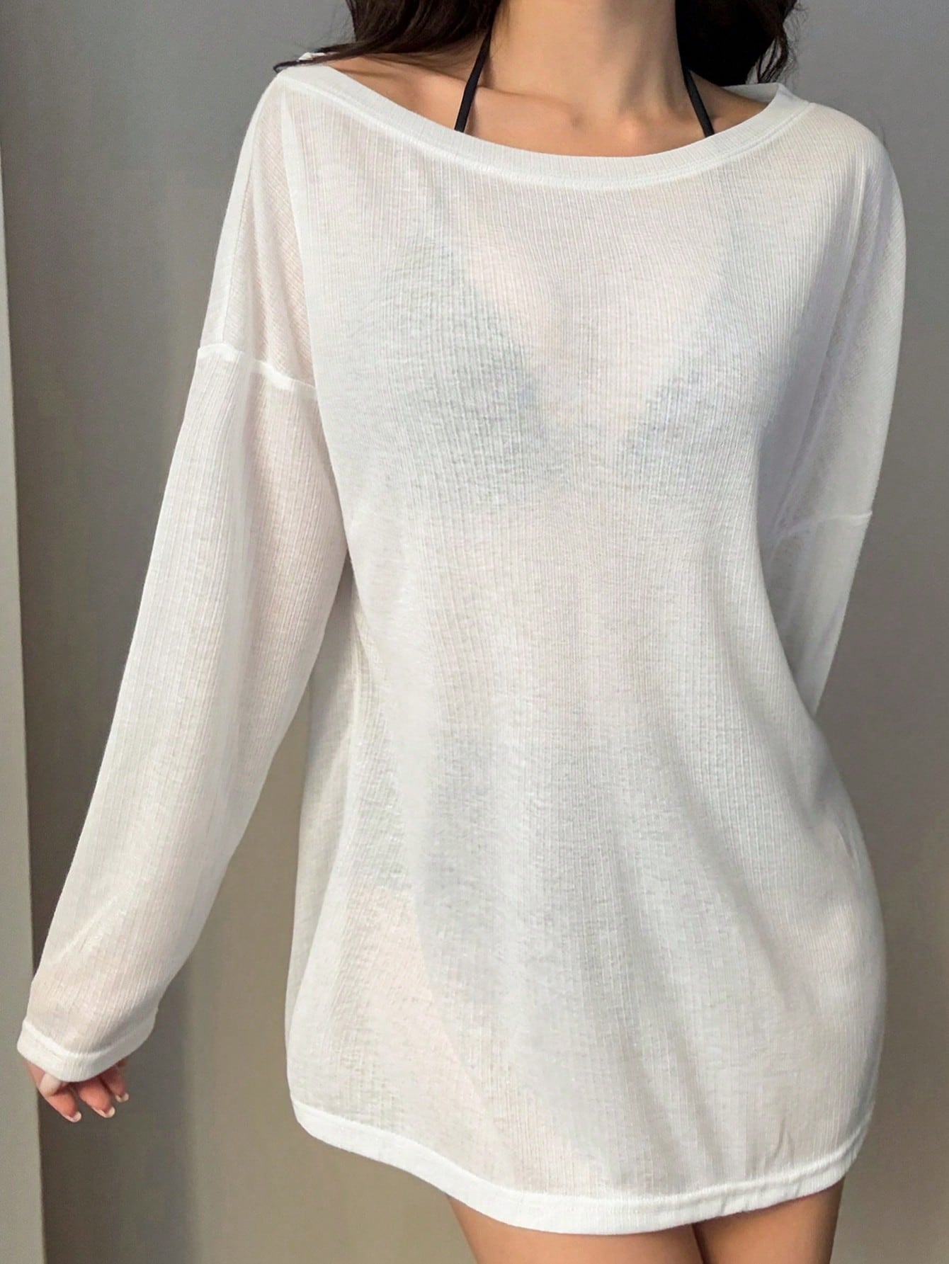 DAZY Women's Casual Loose Solid Color Asymmetrical Shoulder Pullover Top Vacation Beach