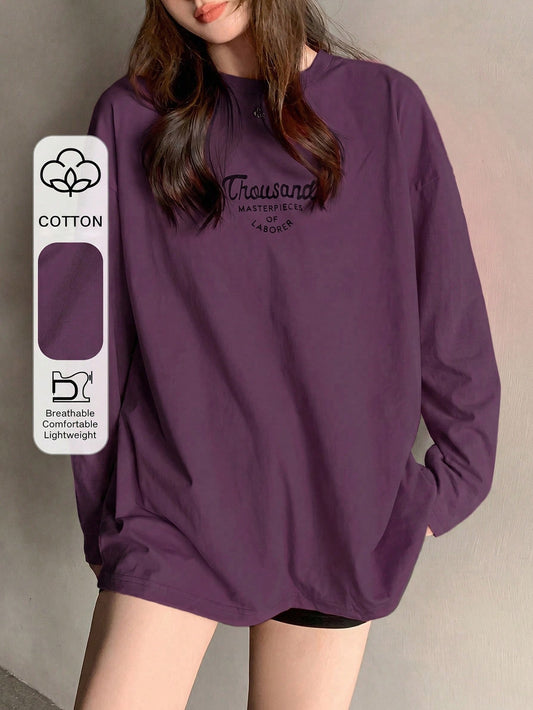 DAZY Women's Letter Print Round Neck Drop Shoulder Long Sleeve Casual T-Shirt