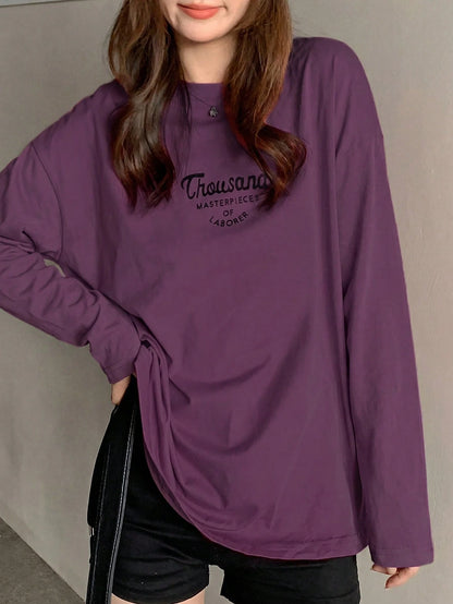 DAZY Women's Letter Print Round Neck Drop Shoulder Long Sleeve Casual T-Shirt