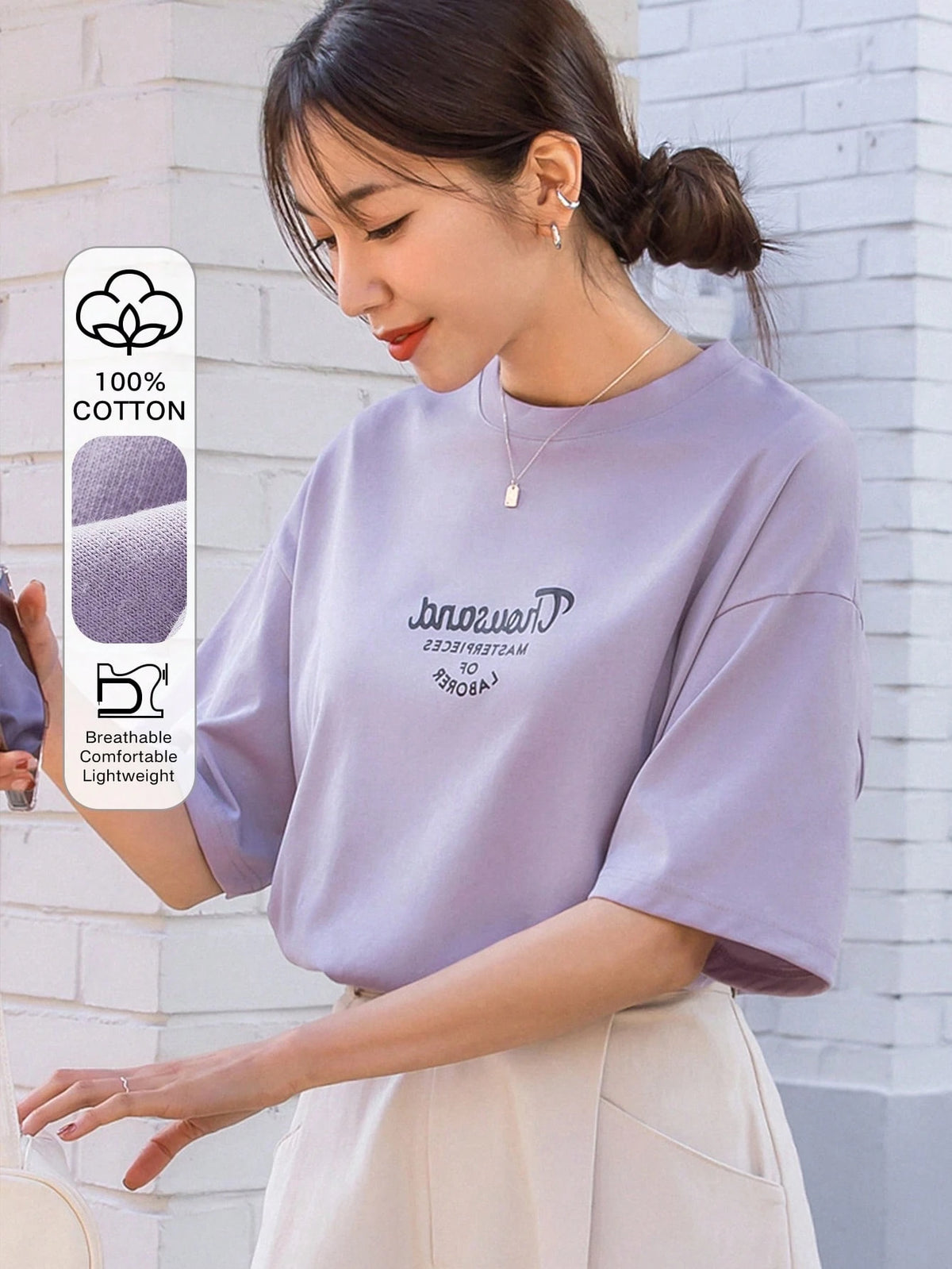 DAZY Women's Letter Print Round Neck Drop Shoulder Long Sleeve Casual T-Shirt
