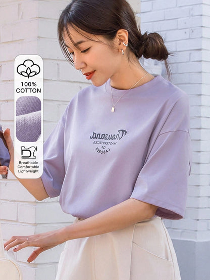 DAZY Women's Letter Print Round Neck Drop Shoulder Long Sleeve Casual T-Shirt