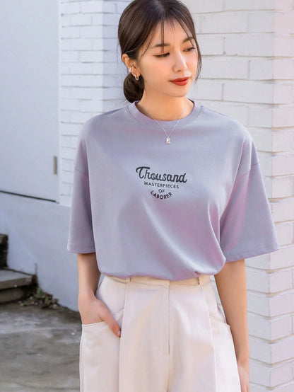 DAZY Women's Letter Print Round Neck Drop Shoulder Long Sleeve Casual T-Shirt