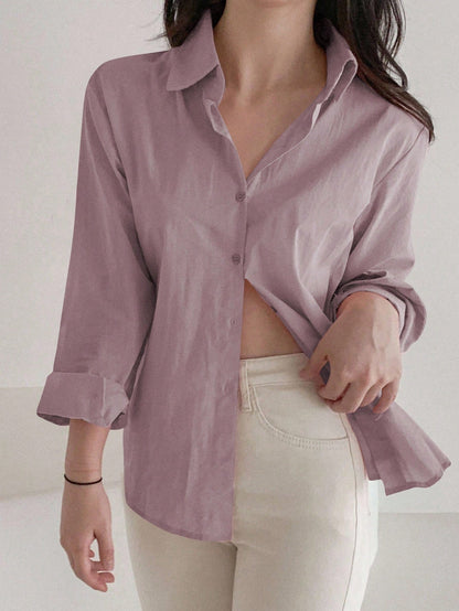 DAZY Women's Loose Solid Color Button Up Blouse, Fashionable For Summer,Fall Long Sleeve Top