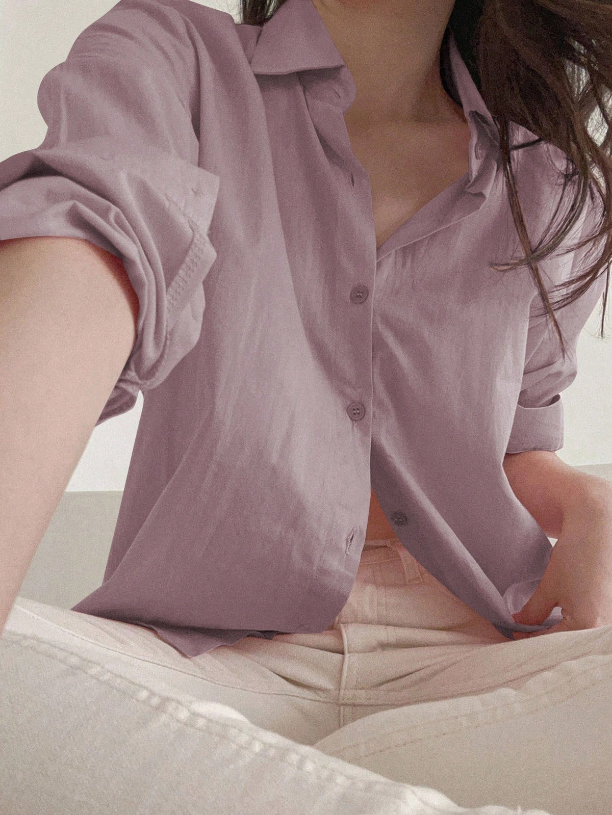 DAZY Women's Loose Solid Color Button Up Blouse, Fashionable For Summer,Fall Long Sleeve Top