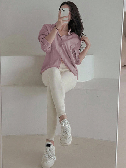 DAZY Women's Loose Solid Color Button Up Blouse, Fashionable For Summer,Fall Long Sleeve Top