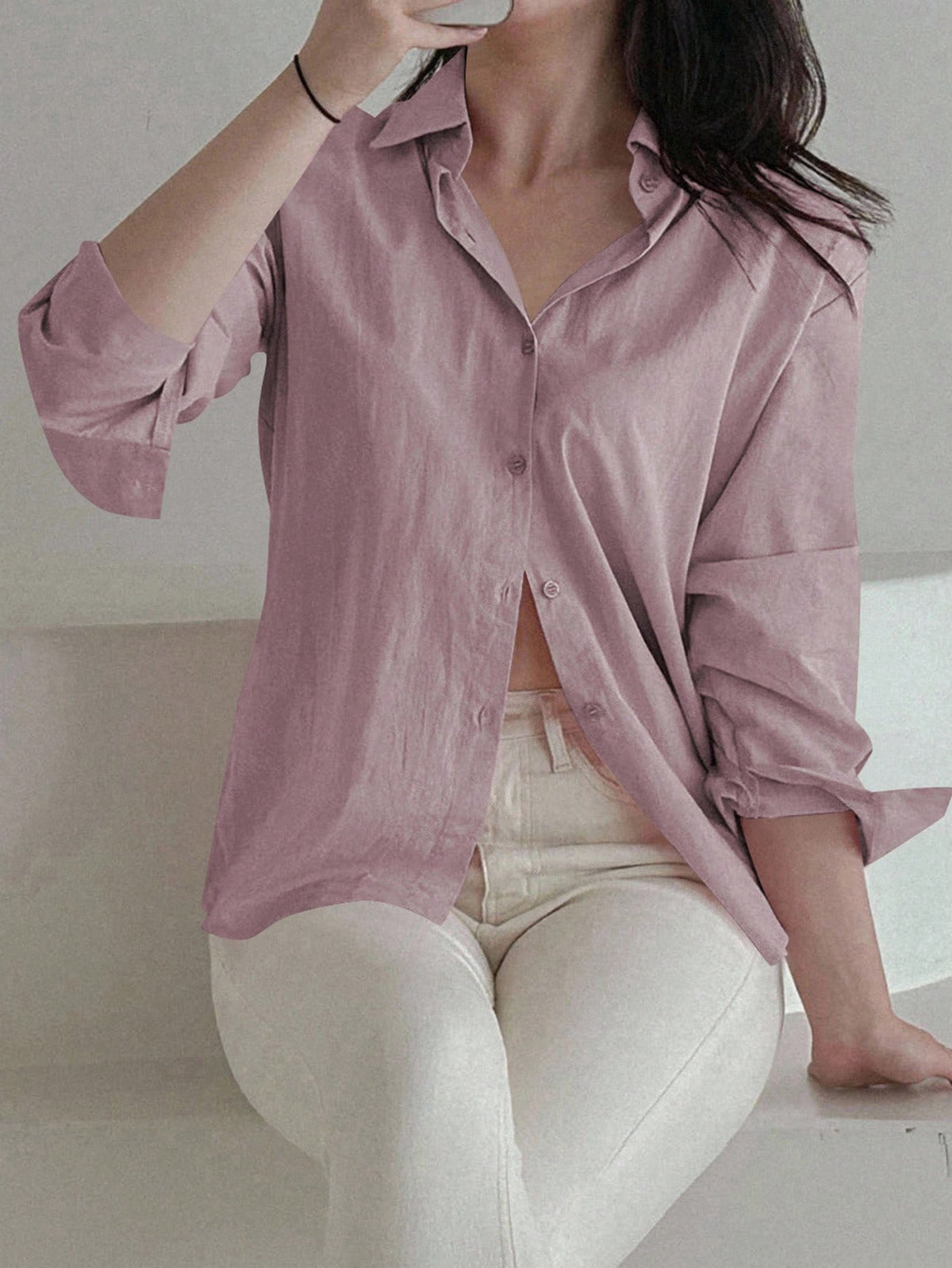 DAZY Women's Loose Solid Color Button Up Blouse, Fashionable For Summer,Fall Long Sleeve Top