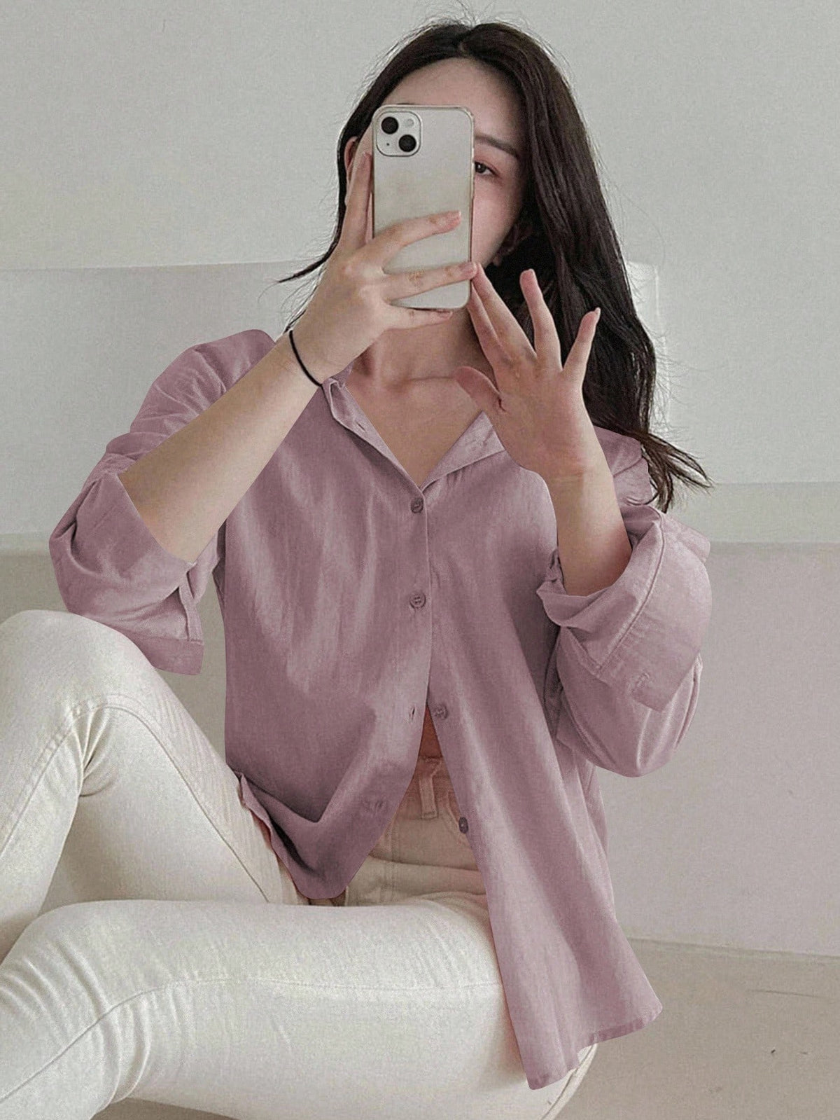 DAZY Women's Loose Solid Color Button Up Blouse, Fashionable For Summer,Fall Long Sleeve Top